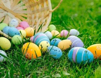 easter eggs spilling out of basket on green grass