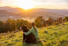 woman and her dog sitting on side of mountain looking at sunset