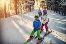 family skiing along a wooded trail