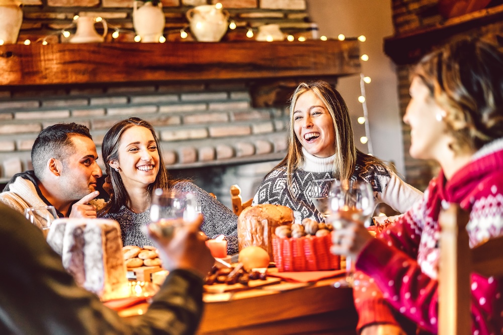 family dinner at restaurant in winter